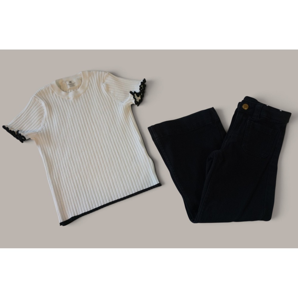 H&M Girls White Ribbed Lettuce Trim Top and Black Flare Denim Pants Set Size 6